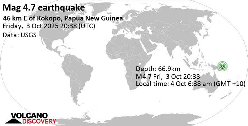 4.7 quake 46 km E of Kokopo, Papua New Guinea, Oct 4, 2025 06:38 am (Port Moresby time)