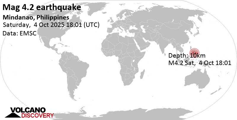 4.2 quake Mindanao, Philippines, Oct 5, 2025 02:01 am (Manila time)