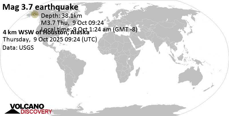 3.7 quake Matanuska-Susitna Borough, 27 mi north of Anchorage, Anchorage Municipality, Alaska, United States, Oct 9, 2025 01:24 am (Anchorage time)