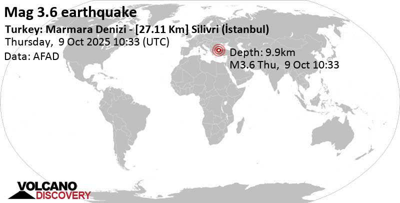 3.6 quake Sea of Marmara, 34 km southwest of Bueyuekcekmece, Istanbul, Turkey, Oct 9, 2025 01:33 pm (Istanbul time)