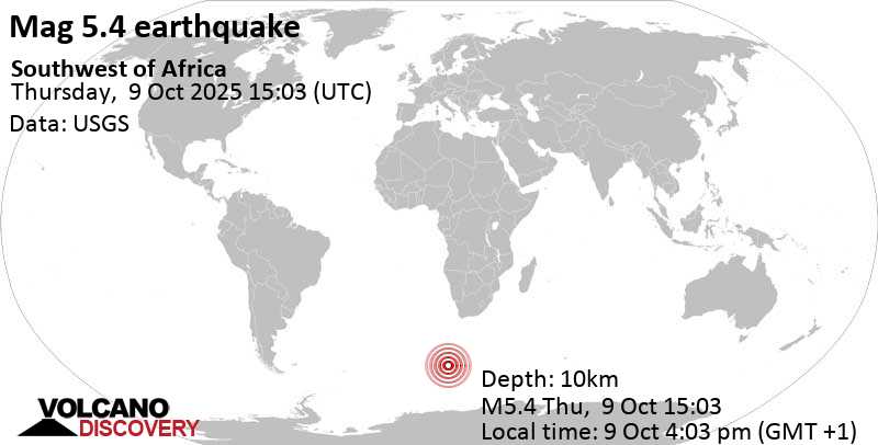 5.4 quake Southwest of Africa Oct 9, 2025 04:03 pm (GMT +1)