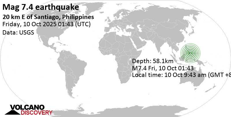7.4 quake Philippine Sea, 24 km east of Manay, Philippines, Oct 10, 2025 09:43 am (GMT +8)