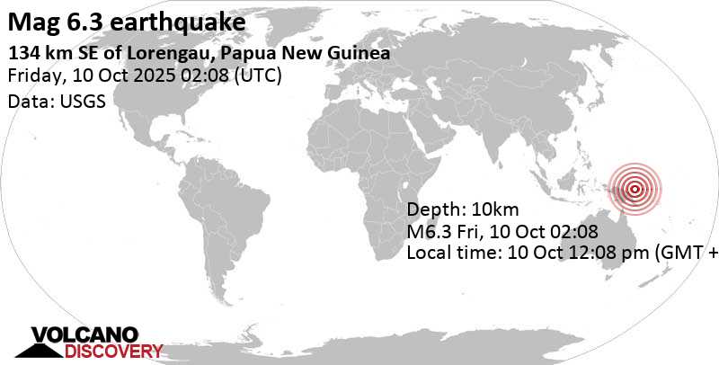 6.3 quake Bismarck Sea, 82 km south of Rambutyo Island, Manus Province, Papua New Guinea, Oct 10, 2025 12:08 pm (GMT +10)