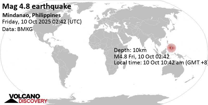 4.8 quake Philippine Sea, 38 km southeast of Manay, Philippines, Oct 10, 2025 10:42 am (GMT +8)