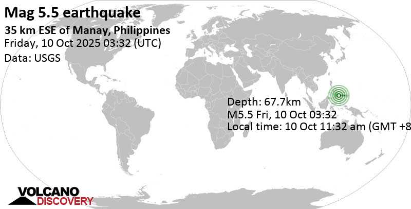5.5 quake Philippine Sea, 35 km southeast of Manay, Philippines, Oct 10, 2025 11:32 am (GMT +8)