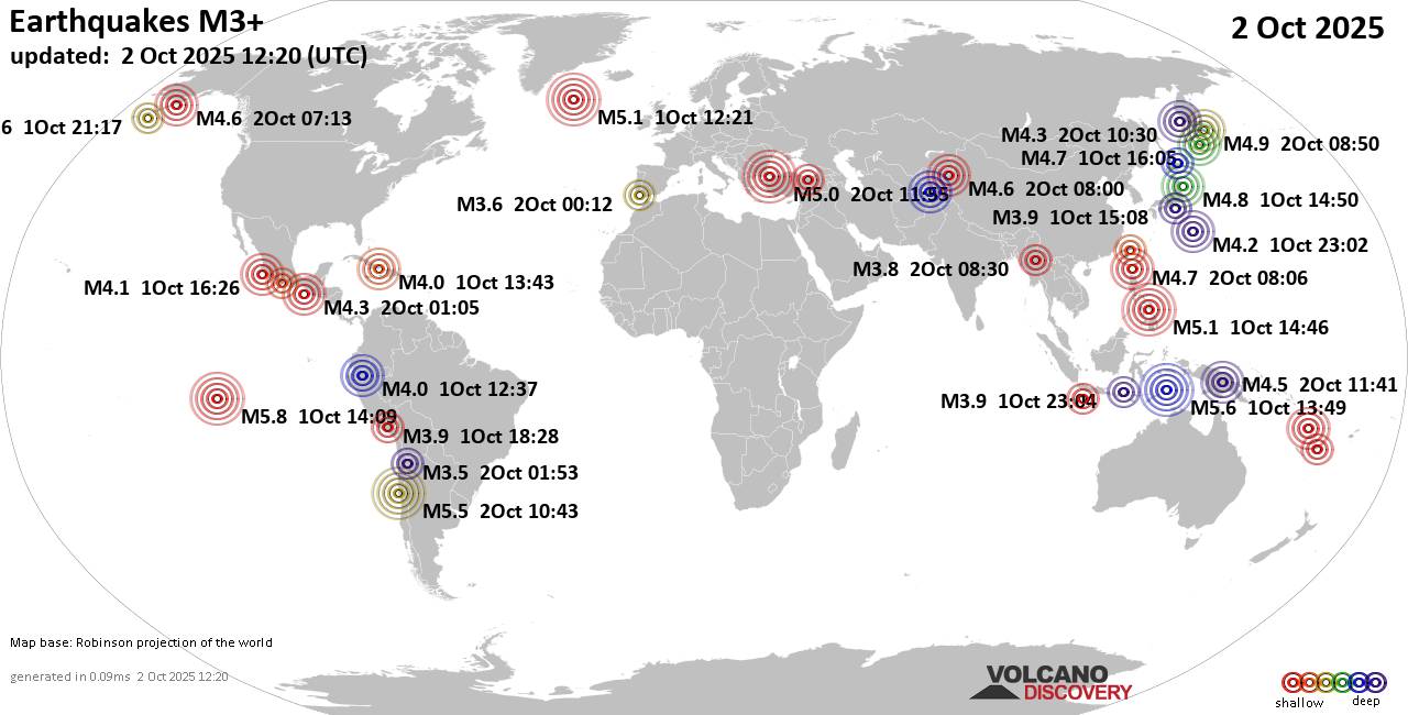 Worldwide earthquakes above magnitude 3 during the past 24 hours on  2 Oct 2025