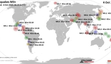 Worldwide earthquakes above magnitude 3 during the past 24 hours on  4 Oct 2025