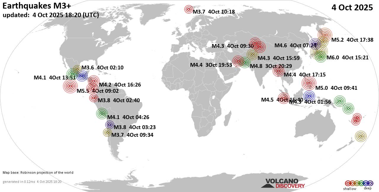 Worldwide earthquakes above magnitude 3 during the past 24 hours on  4 Oct 2025