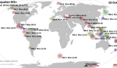 Worldwide earthquakes above magnitude 3 during the past 24 hours on 10 Oct 2025