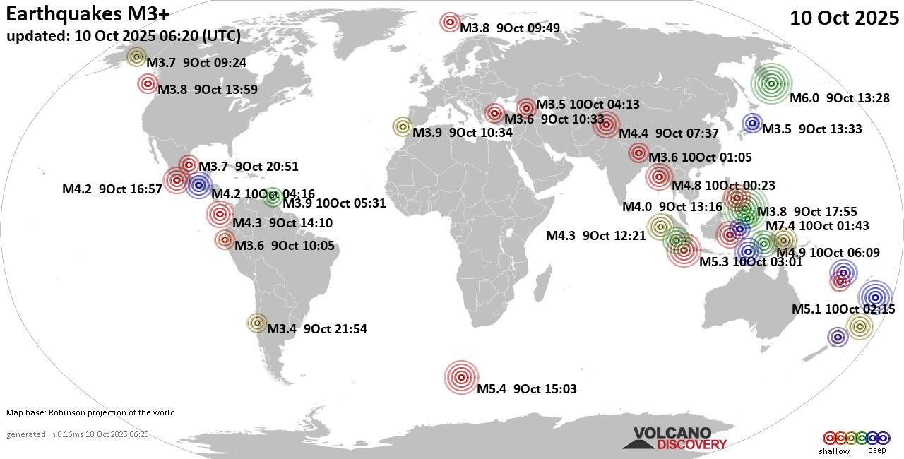 Worldwide earthquakes above magnitude 3 during the past 24 hours on 10 Oct 2025