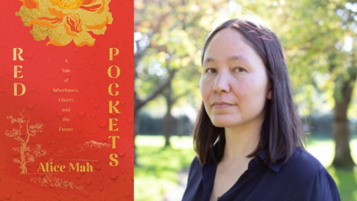 A photo composite that features a red book cover with gold lettering on it and on the right is an author headshot of a woman with short black hair. 