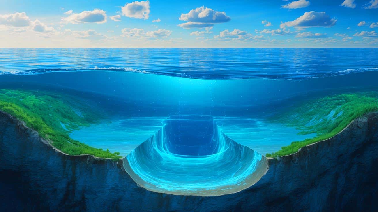 Illustration of a massive low-salinity aquifer beneath the Atlantic Ocean discovered through electromagnetic imaging techniques.