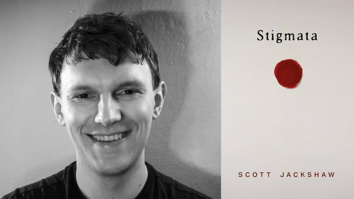 A composite image of a portrait of a person smiling into the camera beside a white book cover with a drop of blood at the centre. 