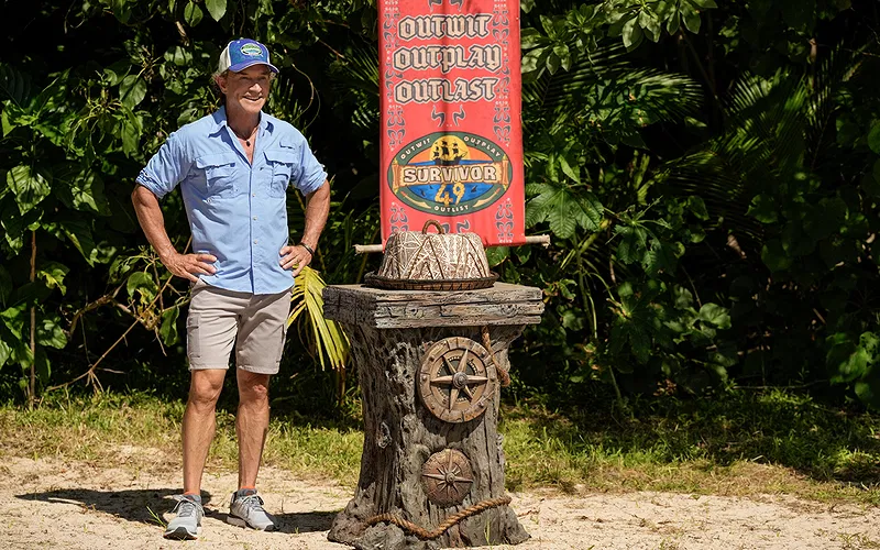 Host Jeff Probst preps for a tribe swap on Survivor 49