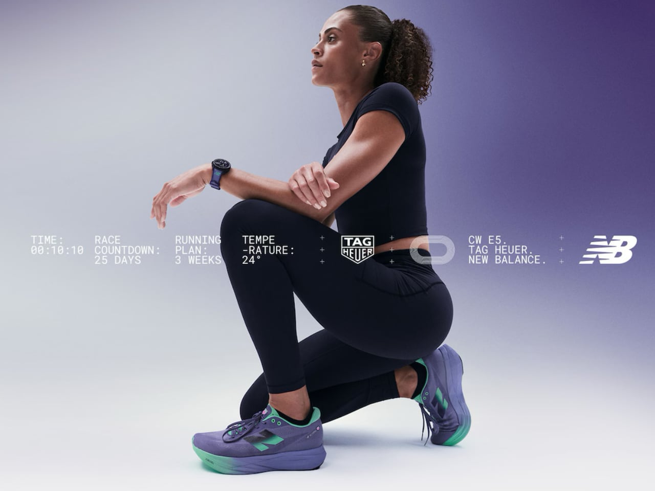 TAG Heuer Connected Calibre E5 New Balance edition smartwatch showing materials transfer from FuelCell running shoe