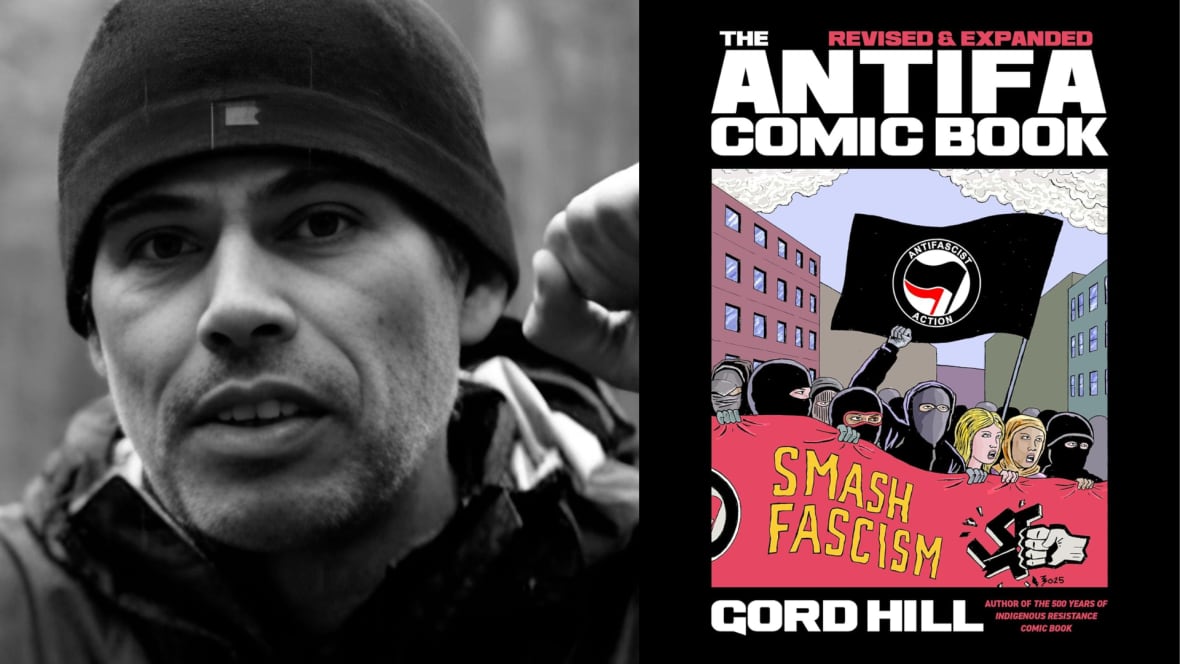 A composite image of a man with a hate on beside an illustrated book cover featuring masked people protesting in the street. 