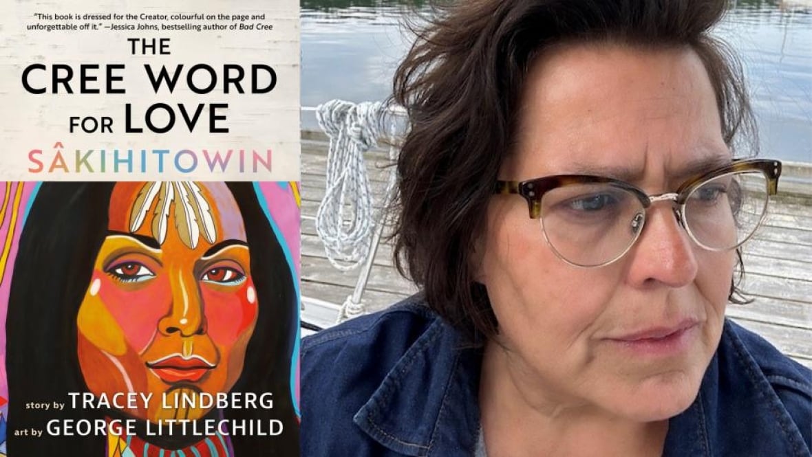 A book cover of a colourful painting of a Cree woman. A headshot of a woman with brown hair and glasses looking right.