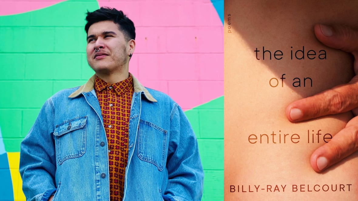 A composite image of an Indigenous man in a denim jacket beside a book cover featuring a man's hand.