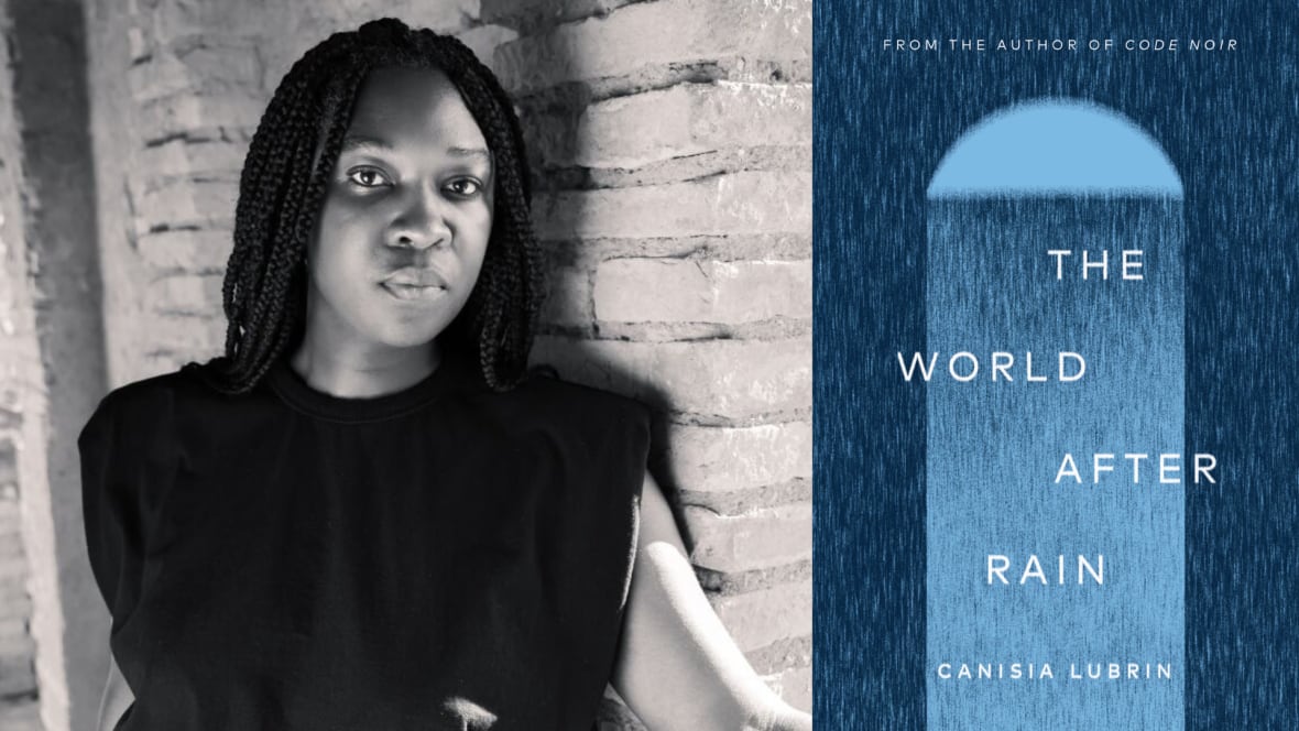 A composite image featuring a black and white photo of a Black woman with braids beside an illustrated blue book cover featuring falling rain drops and an umbrella.