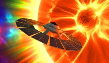 Illustration of NASA's Solar Cruiser spacecraft amid space tornadoes caused by plasma eruptions from the sun.