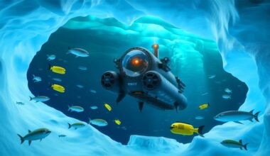 Illustration of a submersible conducting a deep-sea dive beneath Arctic ice.