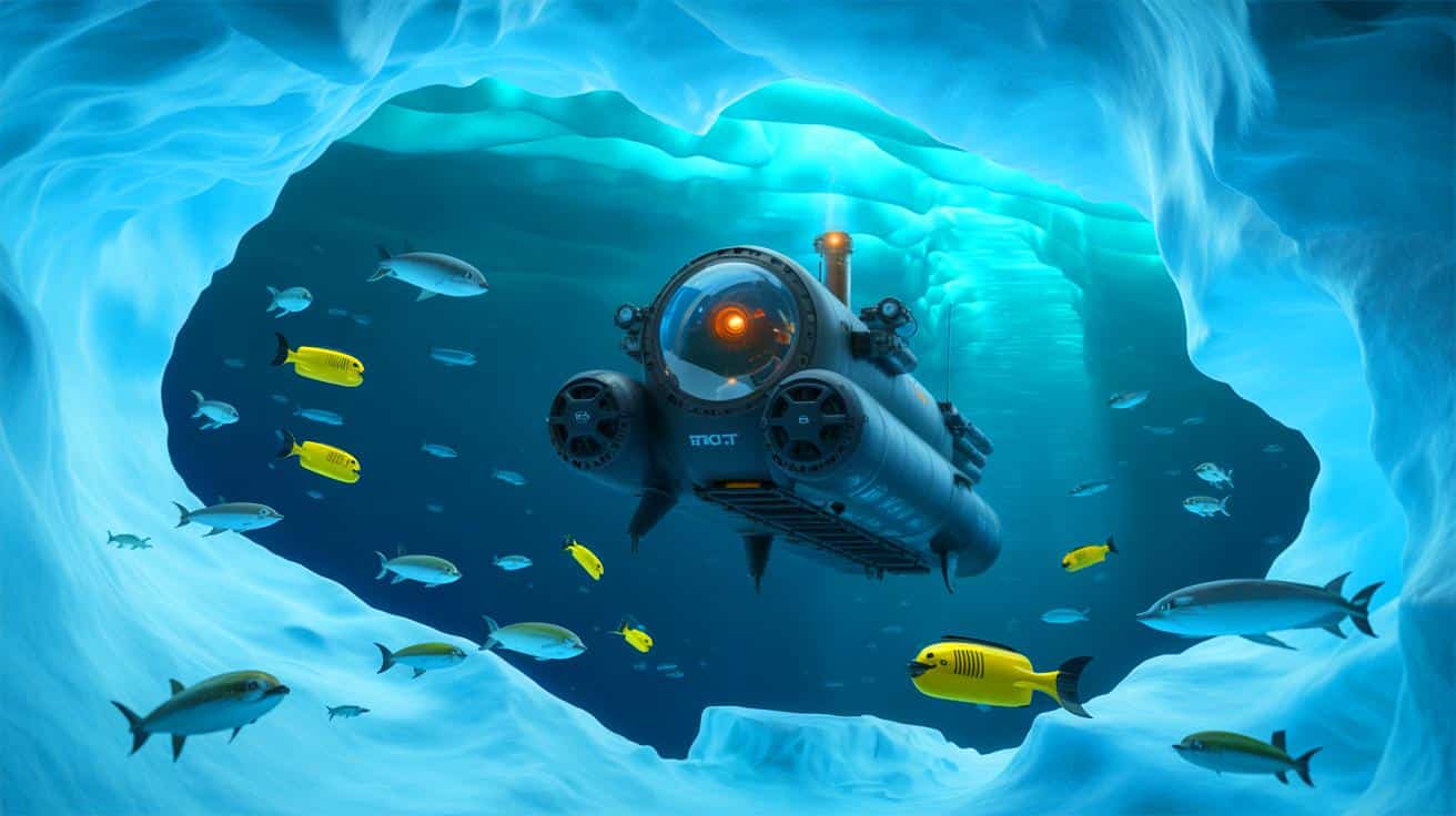 Illustration of a submersible conducting a deep-sea dive beneath Arctic ice.