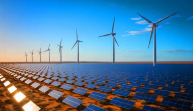 Illustration of the Western Green Energy Hub's solar panels and wind turbines in Western Australia.