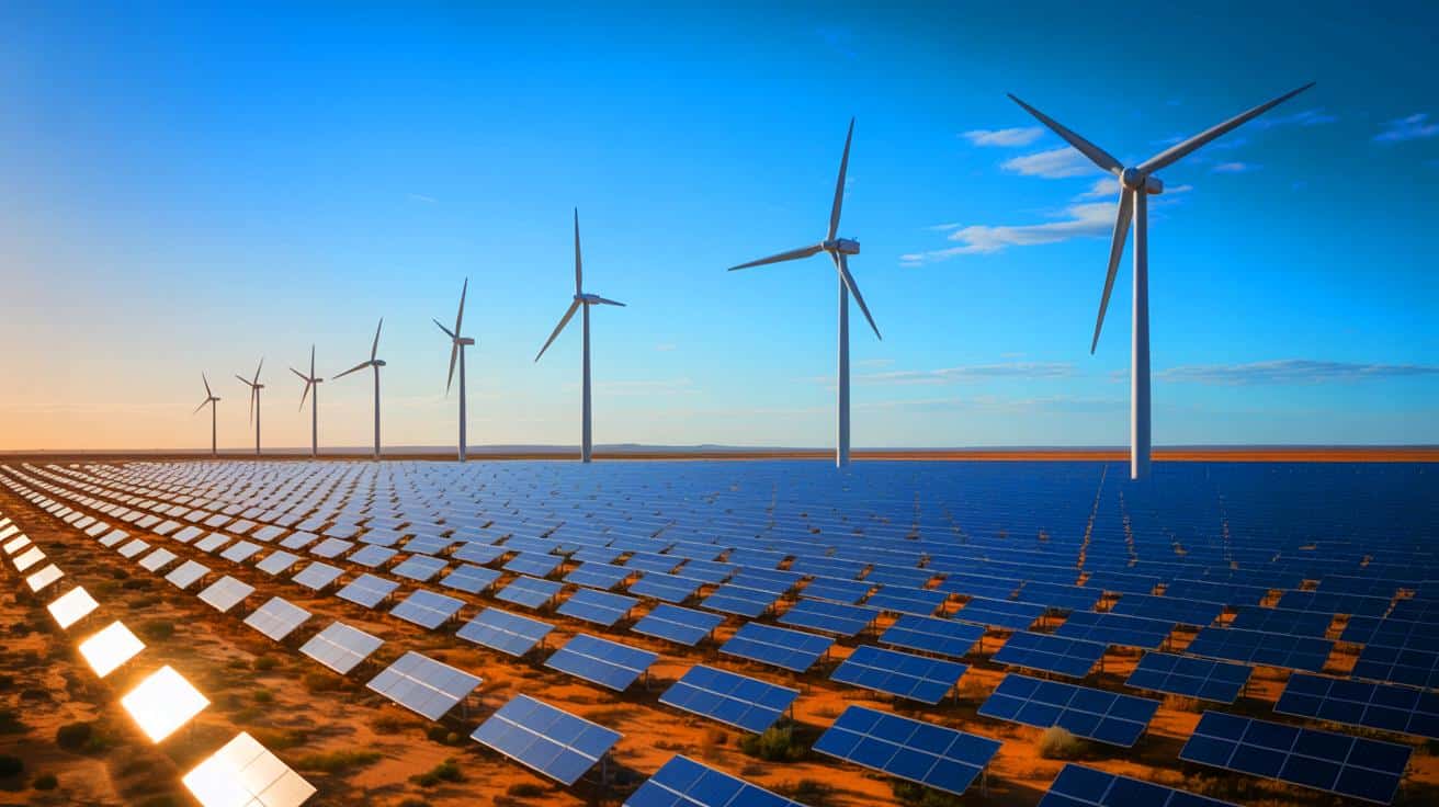 Illustration of the Western Green Energy Hub's solar panels and wind turbines in Western Australia.