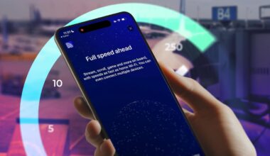 A hand holding a phone with "Full speed ahead" written as a status for United Wi-Fi. In the background is a Speedtest graph and a plane at an airport.