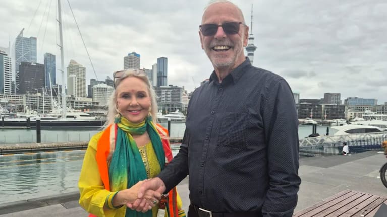 Wayne Brown celebrates re-election as mayor of Auckland with Desley Simpson, who returns as deputy mayor. Photo: Jessica Hopkins / RNZ