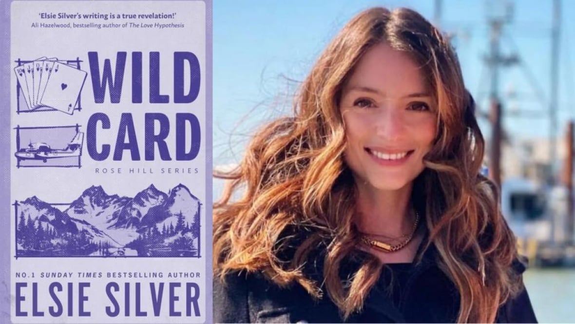 A purple book cover with mountains on it, an airplane and cards. A headshot of a woman with long brown curled hair. 