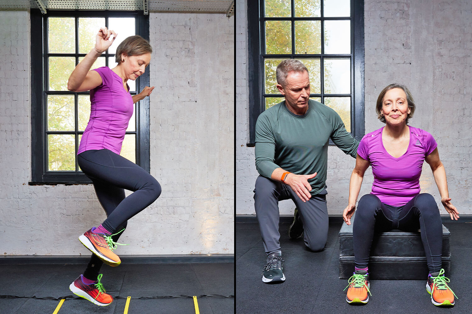 A woman exercising in a gym, with her personal trainer guiding her during box jumps.