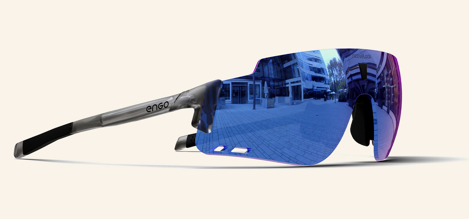 Engo sunglasses with blue mirrored lenses.