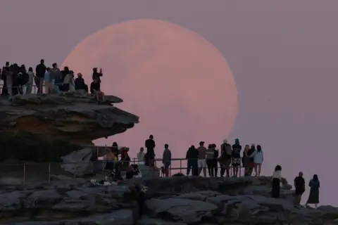 Hollie Adams / Reuters A crowd of people are silhouetted in the foreground on a hilltop in front of the huge orange-tinged supermoon, in Sydney on Wednesday.