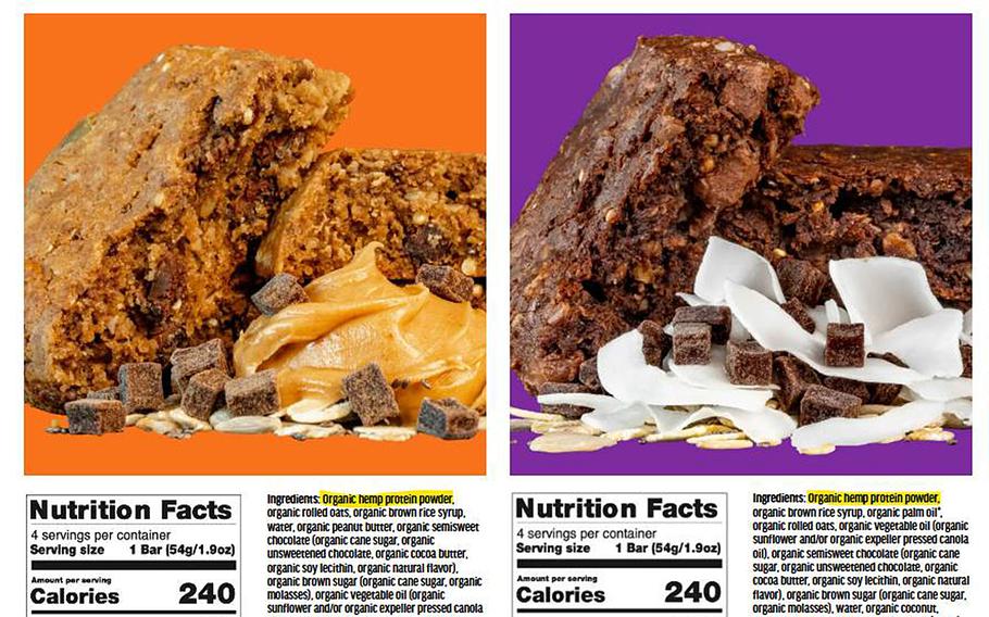 An illustrated closeup of protein bars with nutritional information.