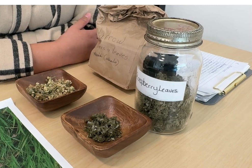 Dried Yarrow plant and Dried Raspberry leaves sit in dark small bowls.