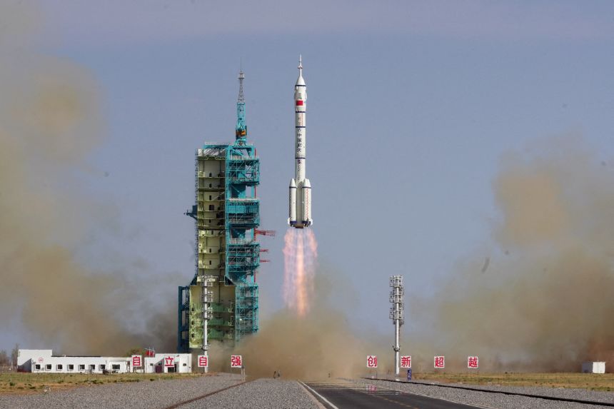 A Long March-2F rocket carrying the Shenzhou-20 spacecraft and crew takes off from the Jiuquan Satellite Launch Center in China's Gansu province on April 24, 2025.