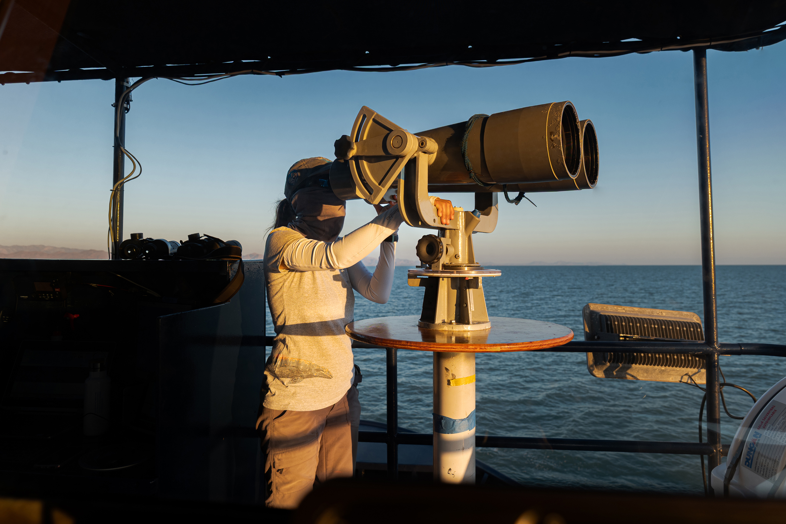 Expert marine mammal researchers used high-powered binoculars called “big eyes” to search for the vaquita porpoises, which are typically hard to see due to their small size and shy nature. Credit: Paula Mosa