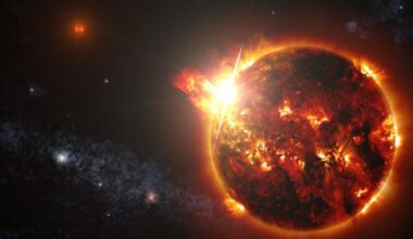 This artist's illustration shows a red dwarf star emitting a powerful flare. These stars are known for their flaring, especially early in their lives, and it could spell doom for exoplanet atmospheres. Image credit: NASA's Goddard Space Flight Center/S. Wiessinger