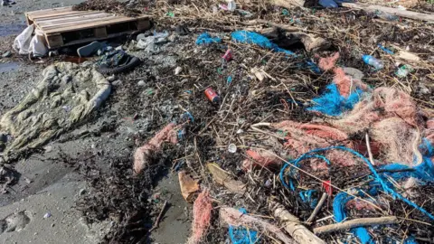 KNIB Image of a littered Ardglass beach. It includes a multitude of strings of blue rope, plastic bags, plastic bottles and cans, a grey pallet, plastic tyre wheel, red fish netting, tree branches on top of a grey sand beach.