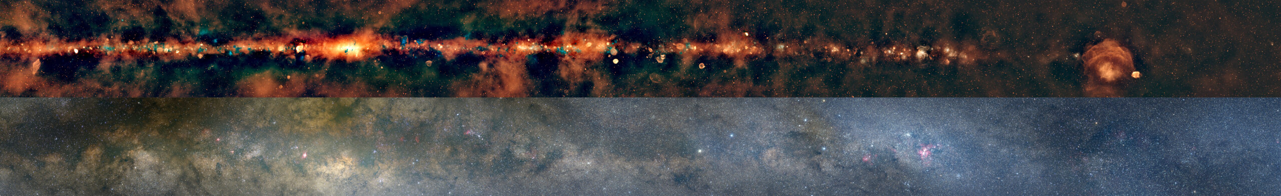 A panoramic photo of the Milky Way shown in visible light and through the GLEAM/GLEAM-X view