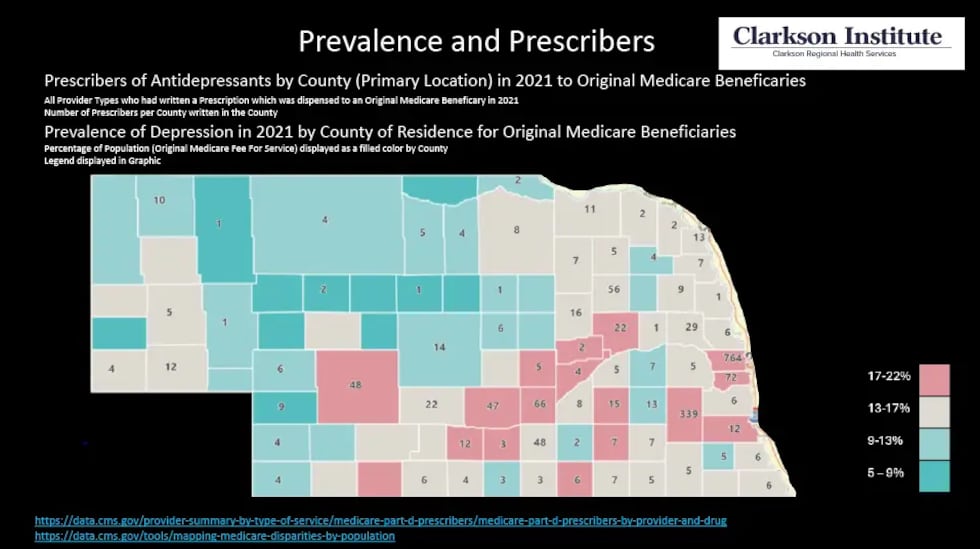 A map showing prevalence and prescribers provided by Bridges to Mental Health