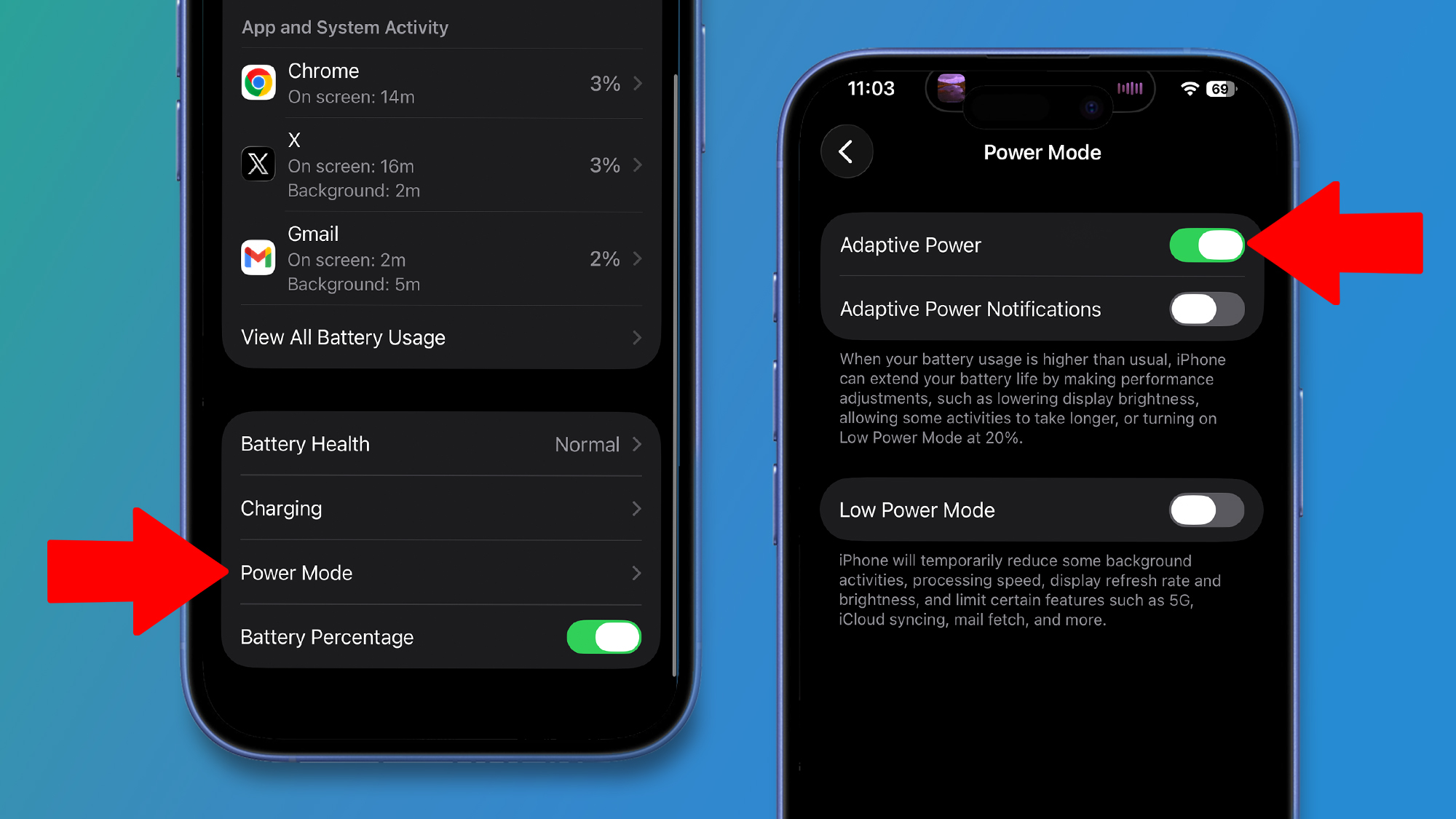 Two iPhones on a green and blue background showing iOS 26 battery settings