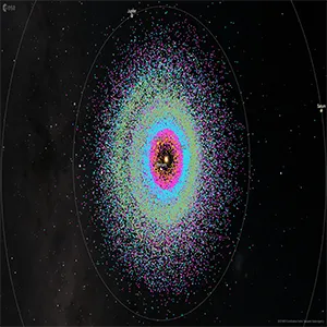 This observation of near-Earth asteroids was done using the Orbit Visualisation Tool, which can display collections of asteroids and the Keplerian and perturbed orbits of NEOs in a 3D environment of the Solar System. Credit: ESA