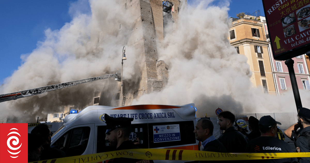 Medieval tower partially collapses in Rome, trapping worker