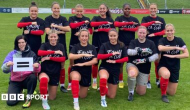 Lewes FC team pose to promote equal prize money for the FA Cup during their first-round win over  Corsham Town