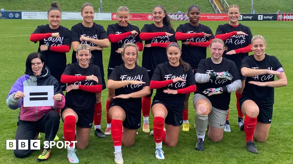 Lewes FC team pose to promote equal prize money for the FA Cup during their first-round win over  Corsham Town