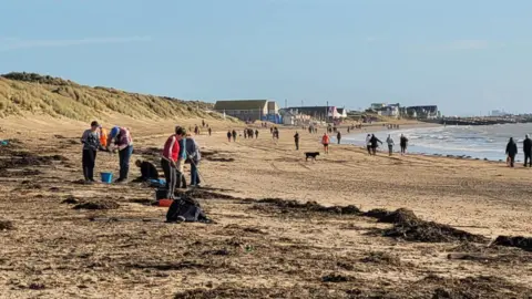 Strandliners People on a sandy beach at Camber clearing up debris with the sea and buildings in the background.