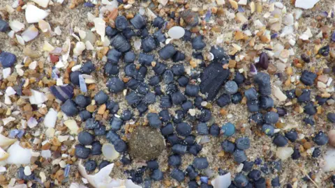 Strandliners Close up image of lots of black plastic pellet on a beach.