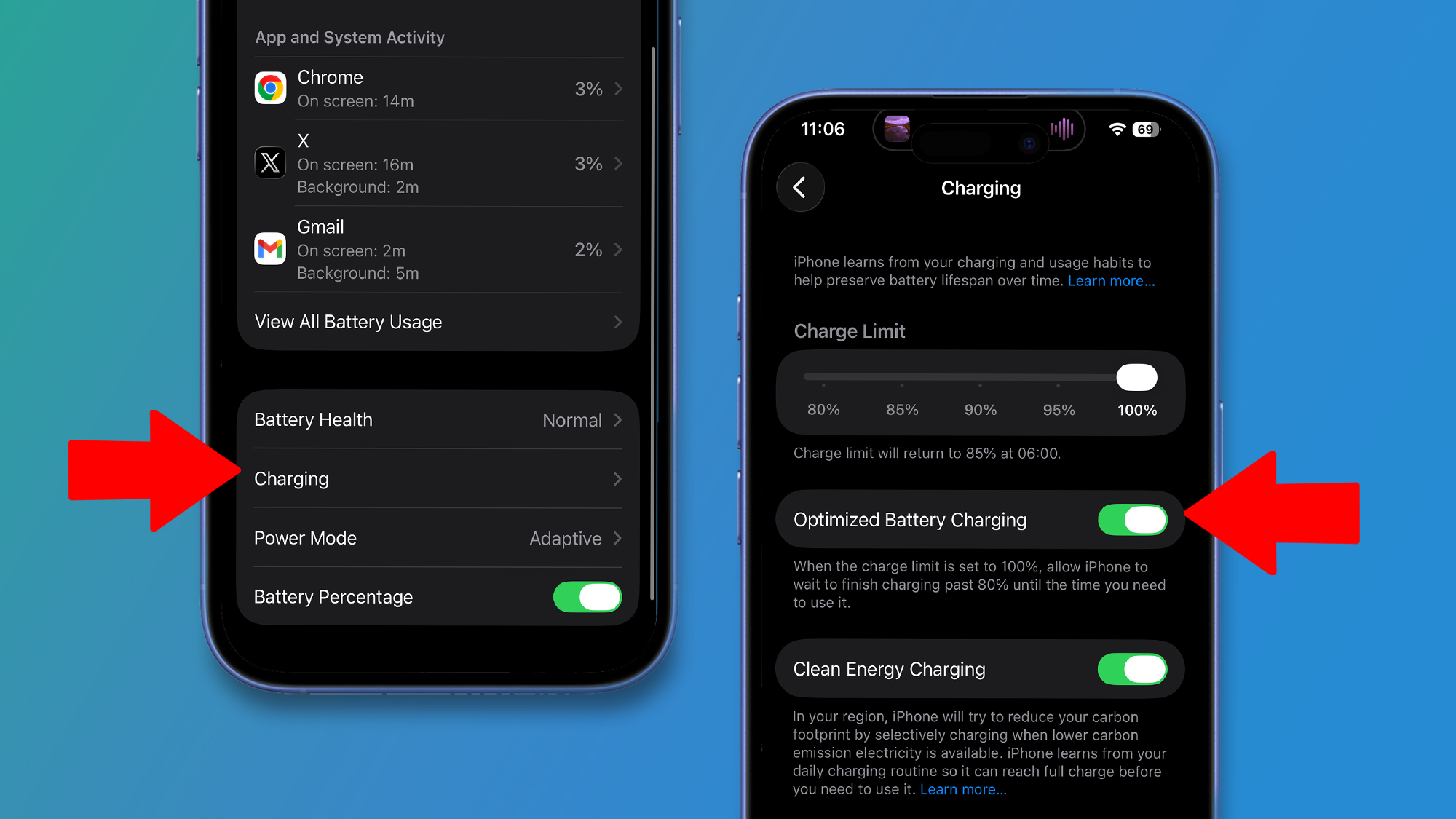 Two iPhones on a green and blue background showing iOS 26 battery settings
